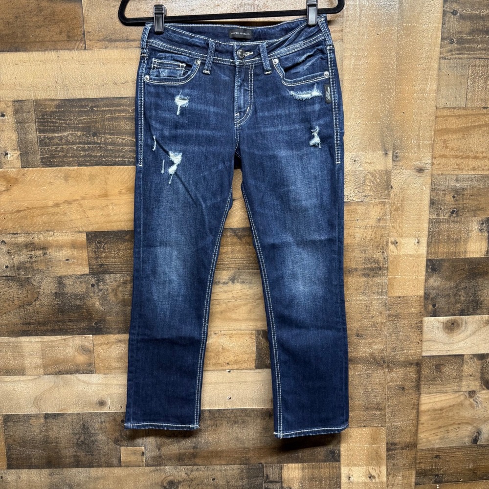 Silver‎ Jeans Co Suki Capri Distressed Dark Wash Jeans Size 28x22